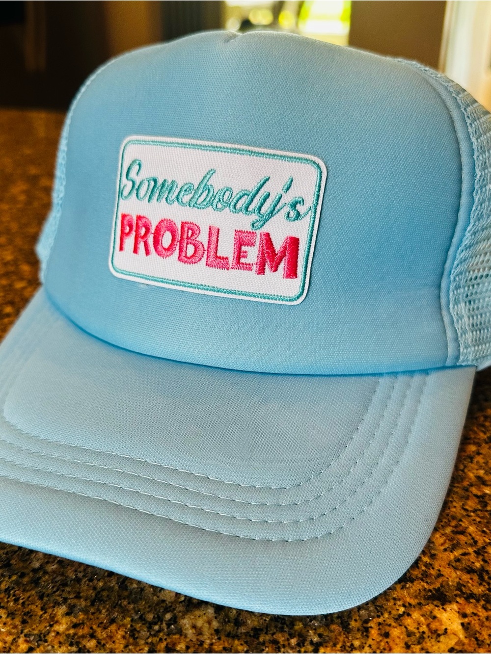 Baby Blue Trucker Hat Somebody’s Problem Embroidered Patch